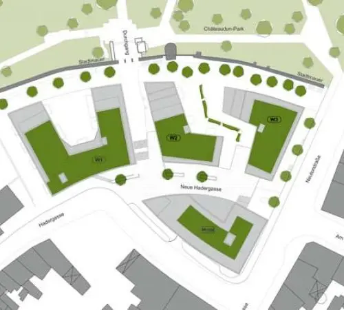 Übersichtsplan der Häuser mit Wohn- und Geschäftsflächen in der Schweinfurter Hadergasse