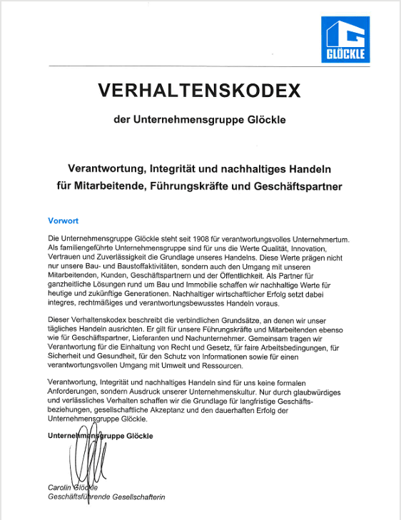 Verhaltenskodex der Unternehmensgruppe Glöckle